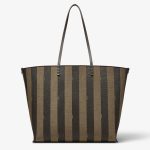 FENDI Roll Large Tobacco brown FF jacquard and striped Pequin fabric shopper - Image 3